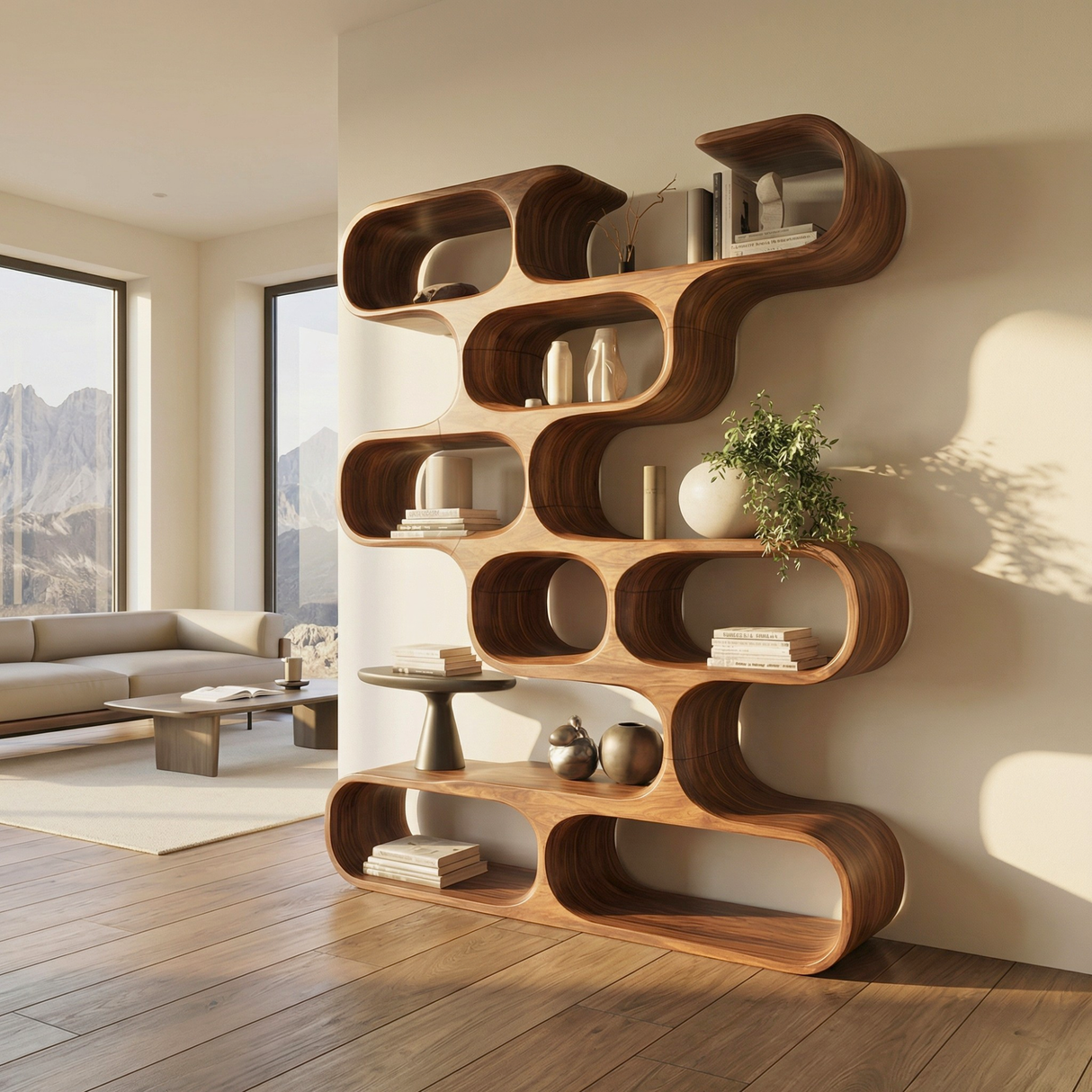 Handcrafted Solid Wood Organic Bookcase with Curved Open Display Shelves