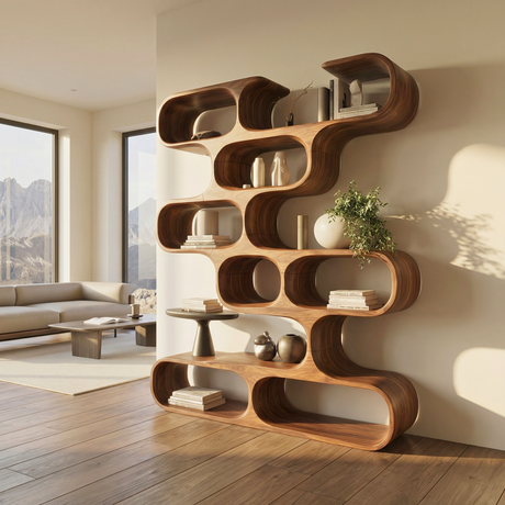 Handcrafted Solid Wood Organic Bookcase with Curved Open Display Shelves