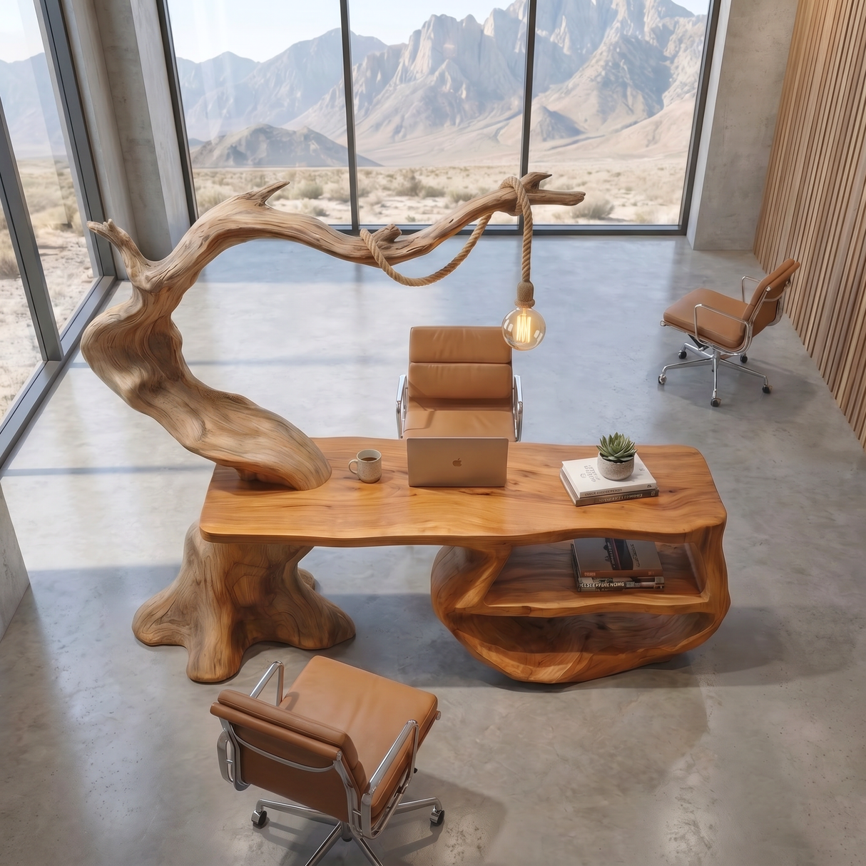 Sculptural Organic Wood Desk With Hanging Lamp Modern Handmade