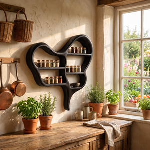 Organic Solid Wood Wall Spice Rack with Sculptural Open Shelf Design