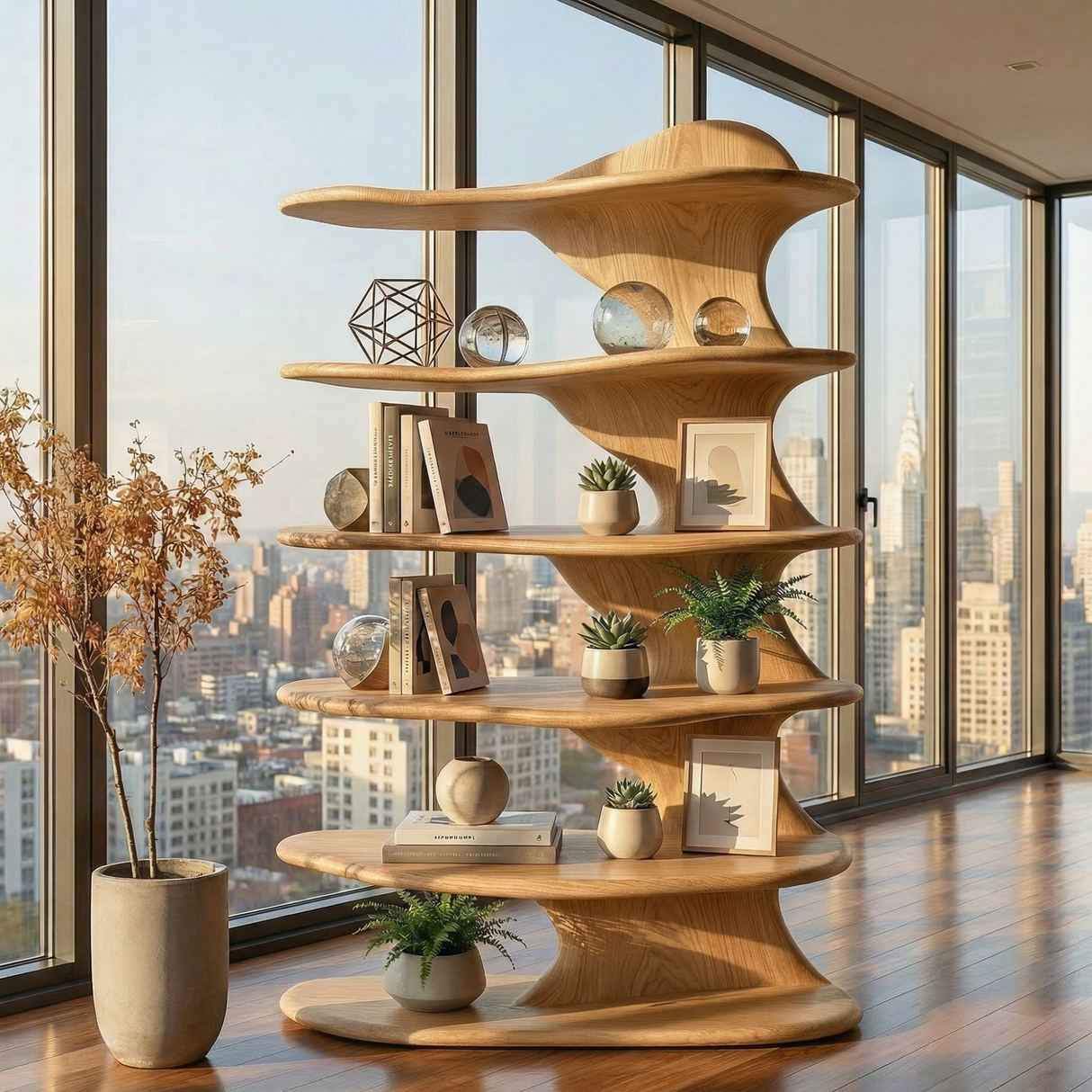 Organic Curved Solid Wood Bookshelf for Minimalist Interiors