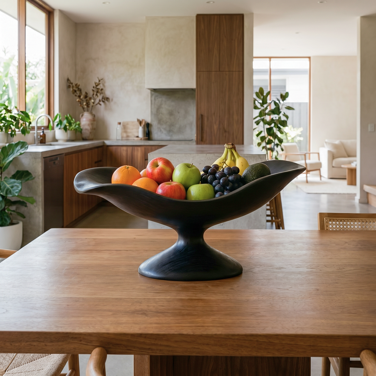 Handcrafted Solid Wood Fruit Bowl with Sculptural Pedestal Base and Organic Wavy Rim