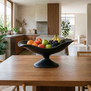 Handcrafted Solid Wood Fruit Bowl with Sculptural Pedestal Base and Organic Wavy Rim