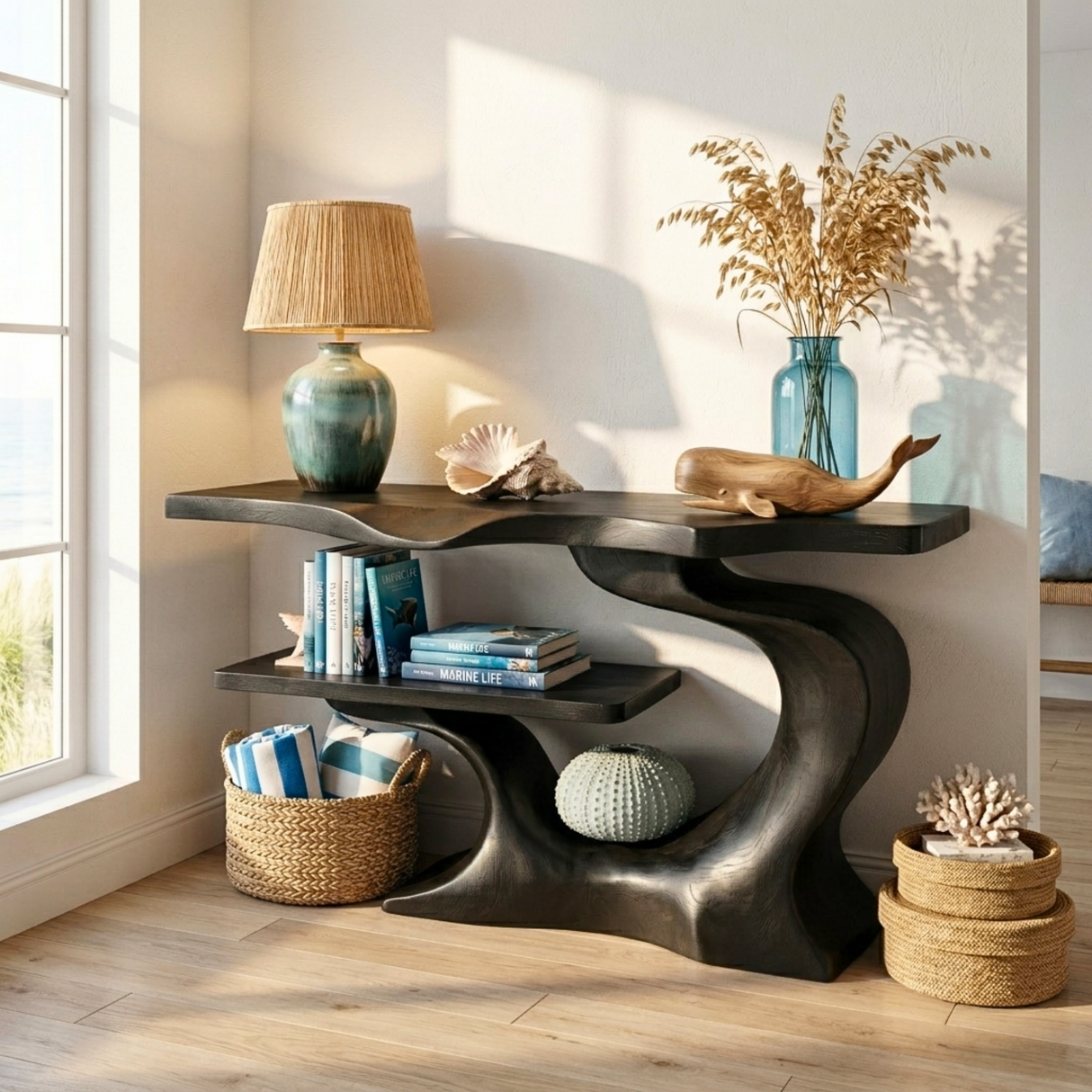 Sculptural Solid Wood Console Table with Open Shelf, Organic Modern Entryway Table