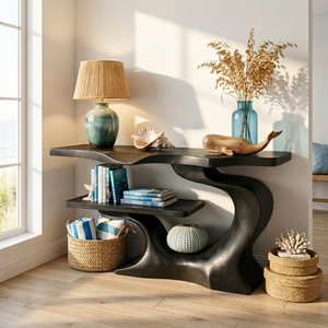 Sculptural Solid Wood Console Table with Open Shelf, Organic Modern Entryway Table