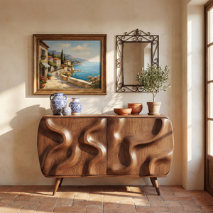 Sculpted Organic Wave Front Solid Wood Sideboard Cabinet