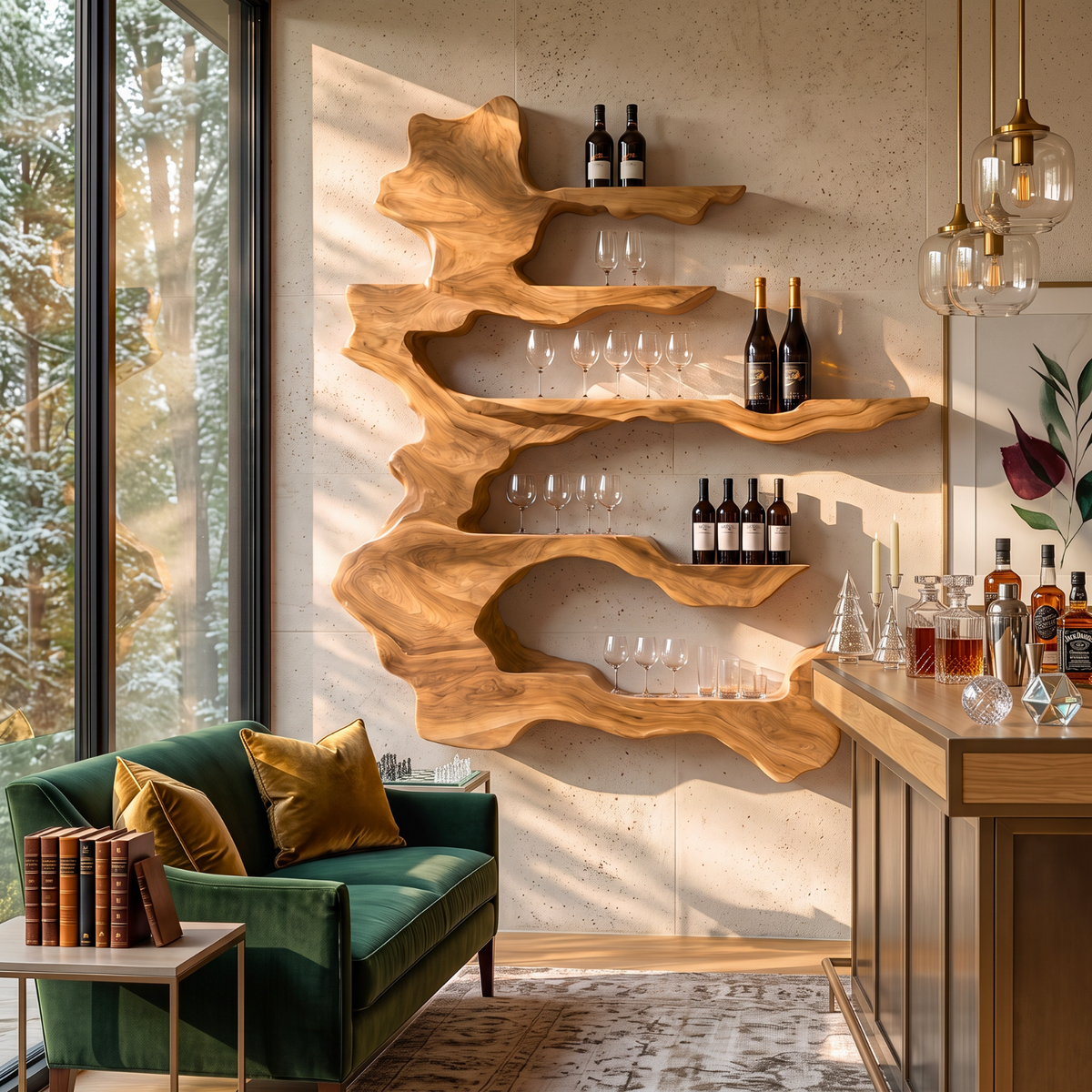 Handcrafted Solid Wood Wine Rack with Sculptural Floating Shelves