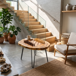 Live Edge Solid Wood Chess Coffee Table with Organic Slab Top and Hairpin Legs