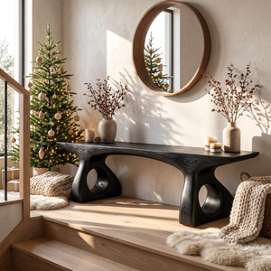 Bench Solid Wood with Sculptural Loop Base and Flowing Live Edge Seat