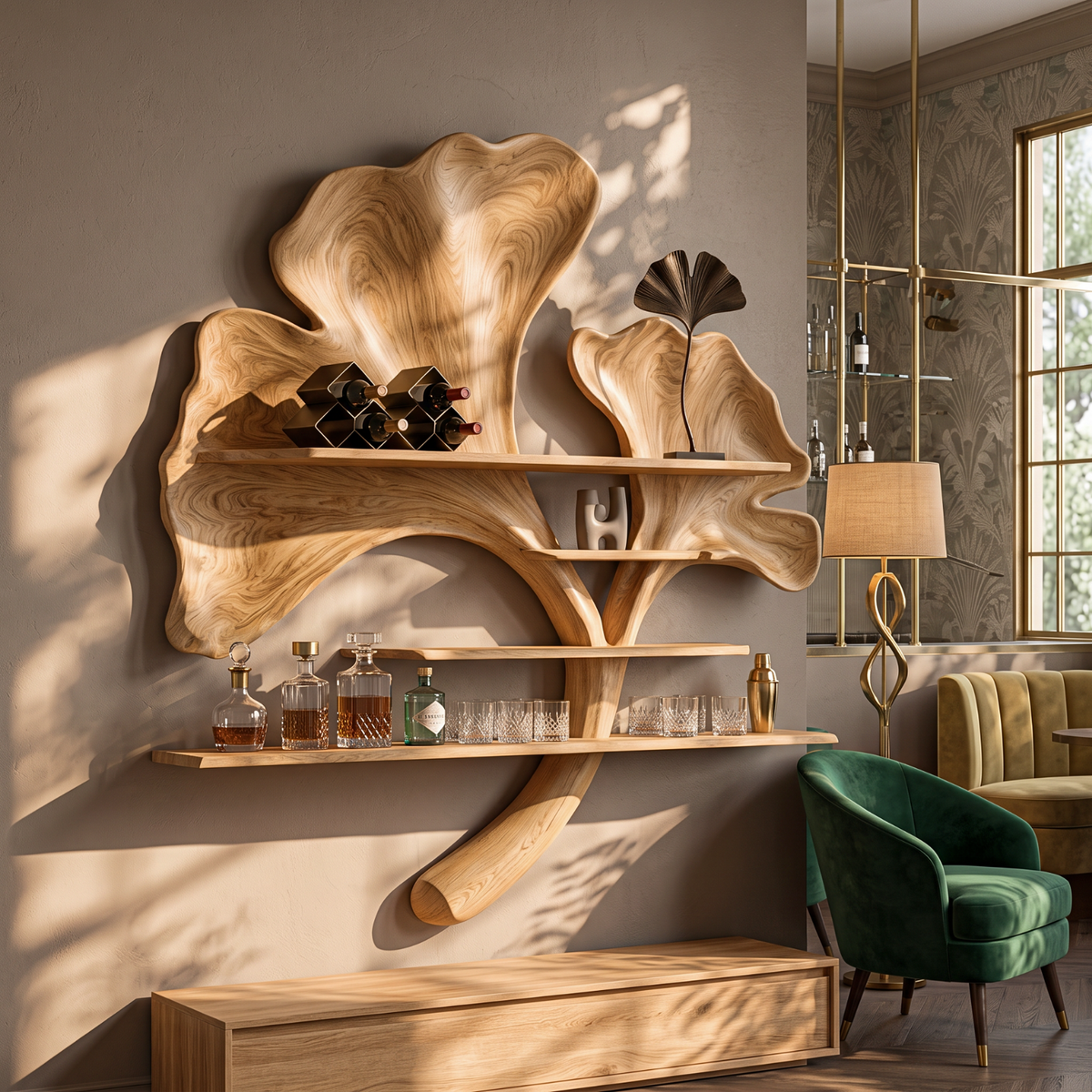 Solid Wood Ginkgo Leaf Wall Shelf Sculpture for Living Room Decor