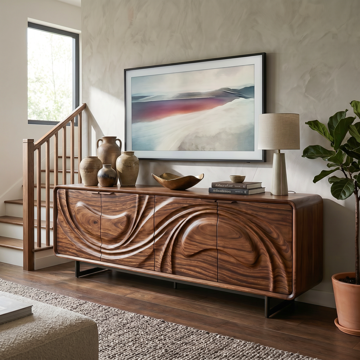 Handcrafted Solid Wood Media Cabinet with Fluid Carved Front