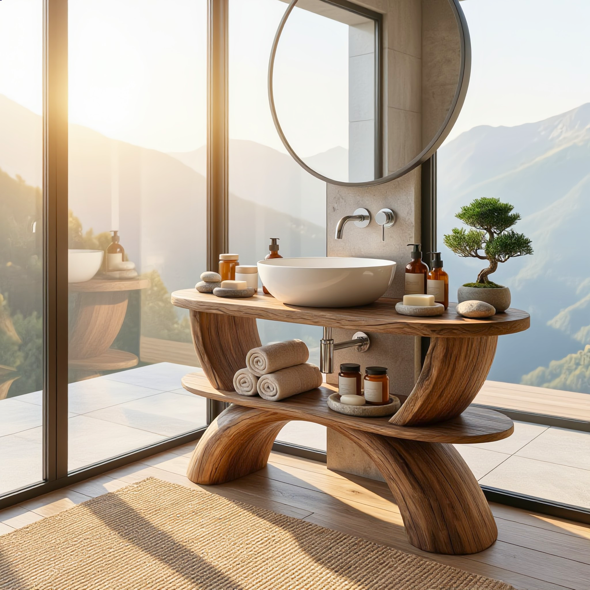 Handcrafted Solid Wood Bathroom Vanity Organic Modern Rustic Wood Vanity with Open Shelf