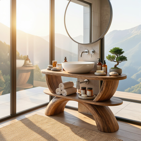 Handcrafted Solid Wood Bathroom Vanity Organic Modern Rustic Wood Vanity with Open Shelf