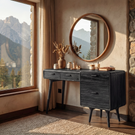 Wood Vanity Table with Side Storage Drawers, Mid Century Modern Dressing Table for Bedroom