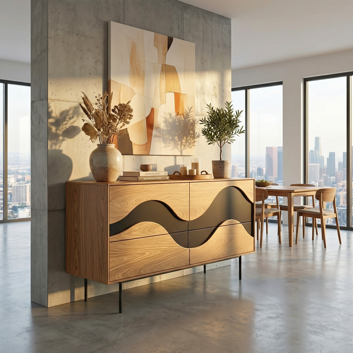 Architectural Wave Front Sideboard Cabinet, Modern Storage Credenza for Modern Interiors