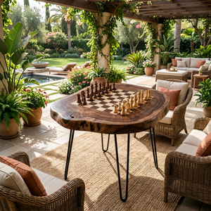 Handcrafted Solid Wood Chess Table with Live Edge Top and Hairpin Legs