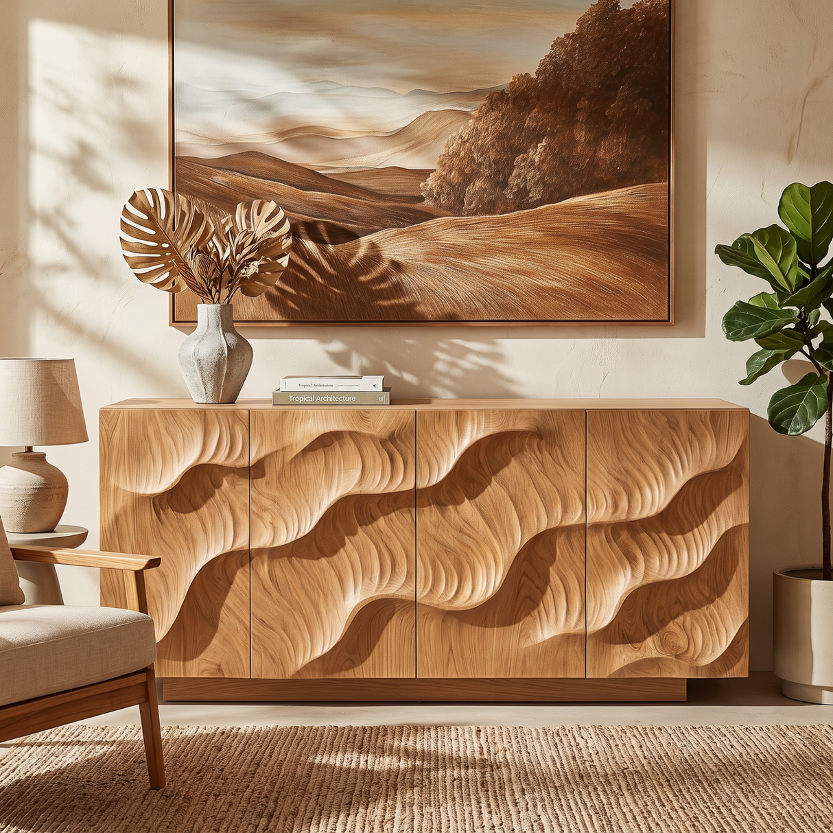 Sideboard Solid Wood with Sculptural Layered Dune Carved Doors for Living Room