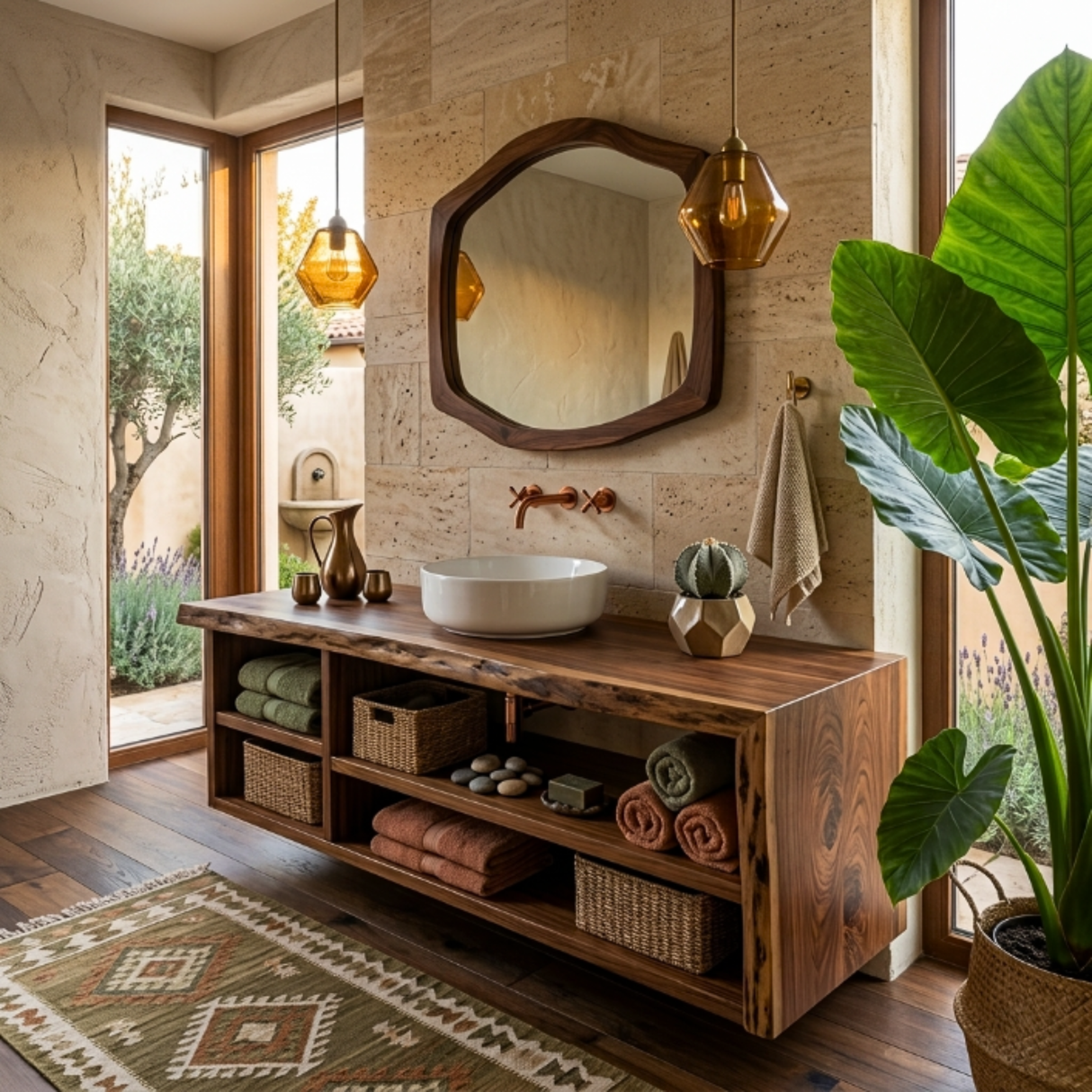 Solid Wood Bathroom Vanity with Open Storage and Vessel Sink