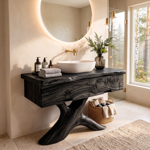 Bathroom Vanity Solid Wood with Root Pedestal and Drawer Storage