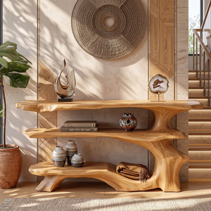 Organic Solid Wood Console Table with Three Tier Sculptural Shelves