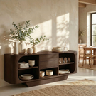 Sculptural Solid Wood Sideboard with Center Drawers and Rounded Open Shelves, Organic Modern Storage Cabinet
