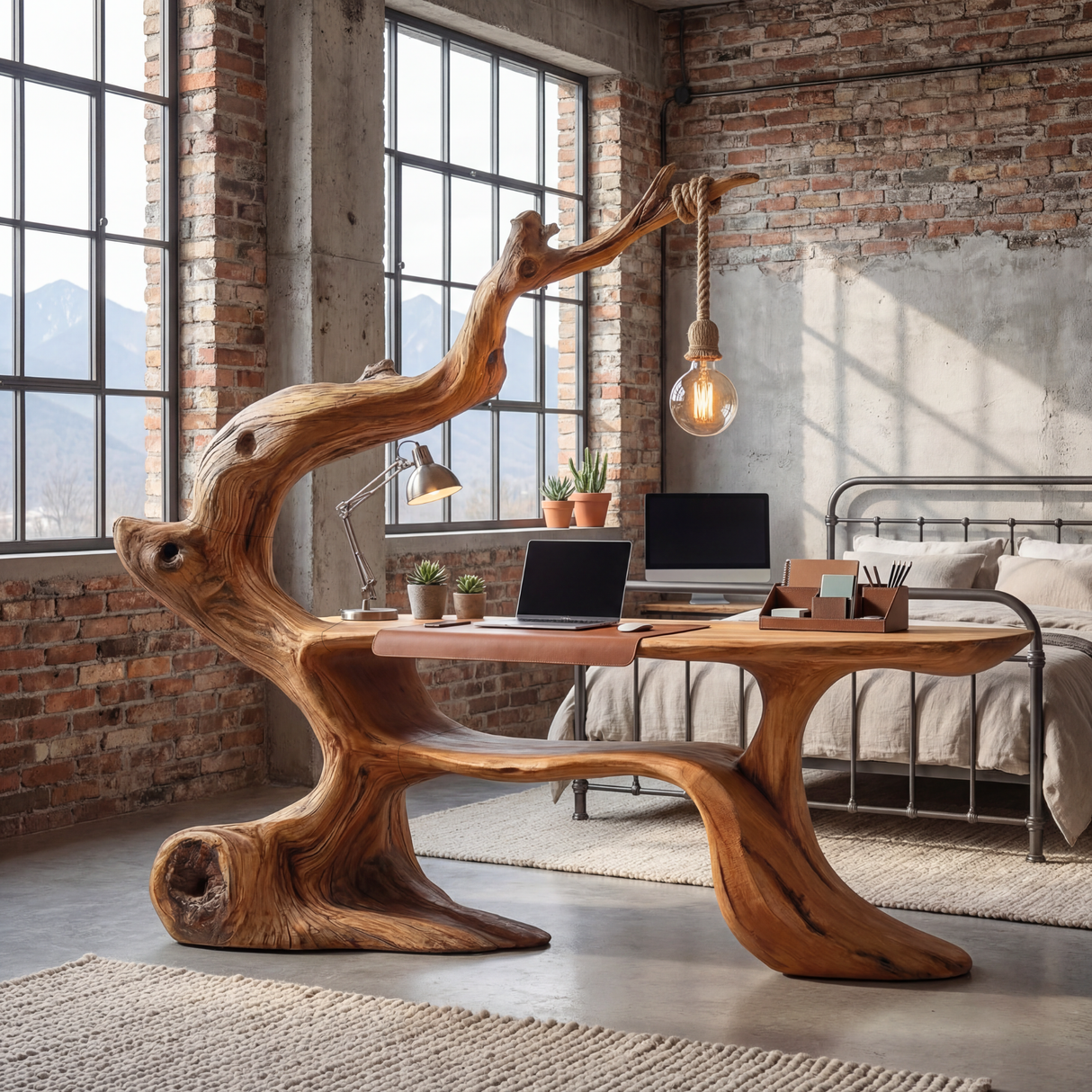 Handcrafted Sculptural Wood Desk with Hanging Light, Tree Inspired Writing Table, Artistic Statement Workspace