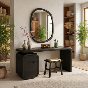 Solid Wood Vanity Desk with Rounded Drawer Pedestal and Waterfall Side