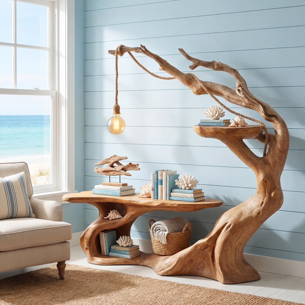 Organic Solid Wood Desk with Hanging Light Tree Inspired Writing Table Sculptural Modern Workspace