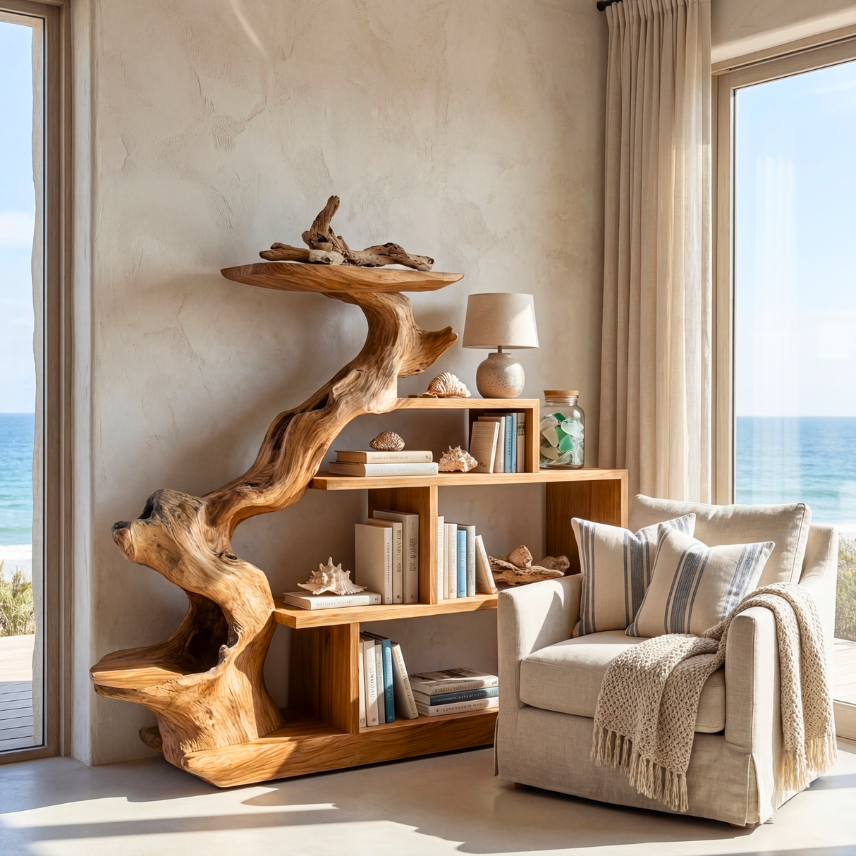 Sculptural Solid Wood Bookshelf with Elevated Shelf Tree Form Organic Modern Display