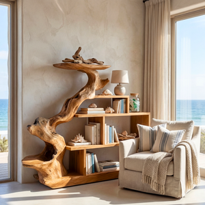 Sculptural Solid Wood Bookshelf with Elevated Shelf Tree Form Organic Modern Display