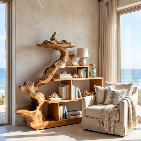 Sculptural Solid Wood Bookshelf with Elevated Shelf Tree Form Organic Modern Display
