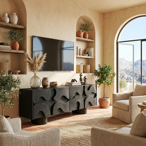 Solid Wood TV Cabinet with Sculptural Wave Relief Doors for Modern Interiors