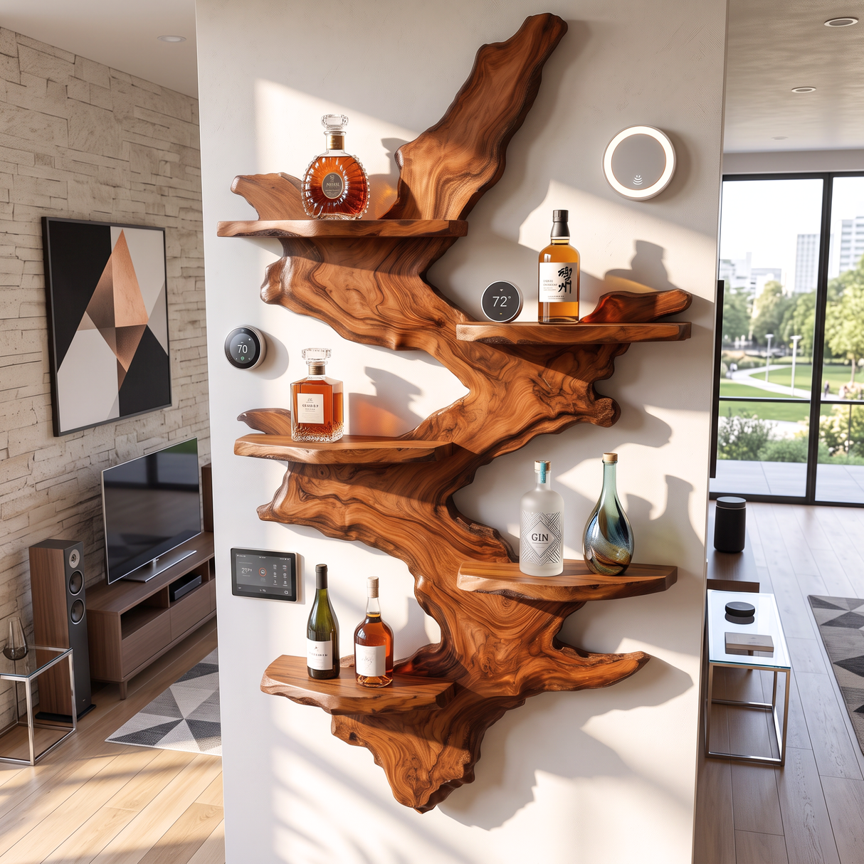 Wall Mounted Wine Rack Solid Wood with Sculptural Live Edge Slab and Floating Shelves