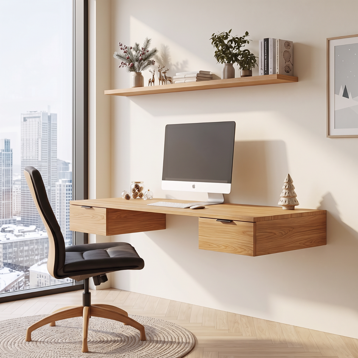 Wall Mounted Solid Wood Desk with Floating Drawers and Natural Wood Grain