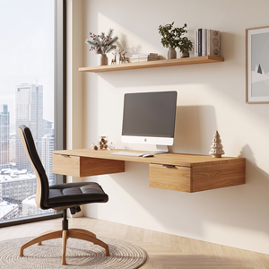 Wall Mounted Solid Wood Desk with Floating Drawers and Natural Wood Grain