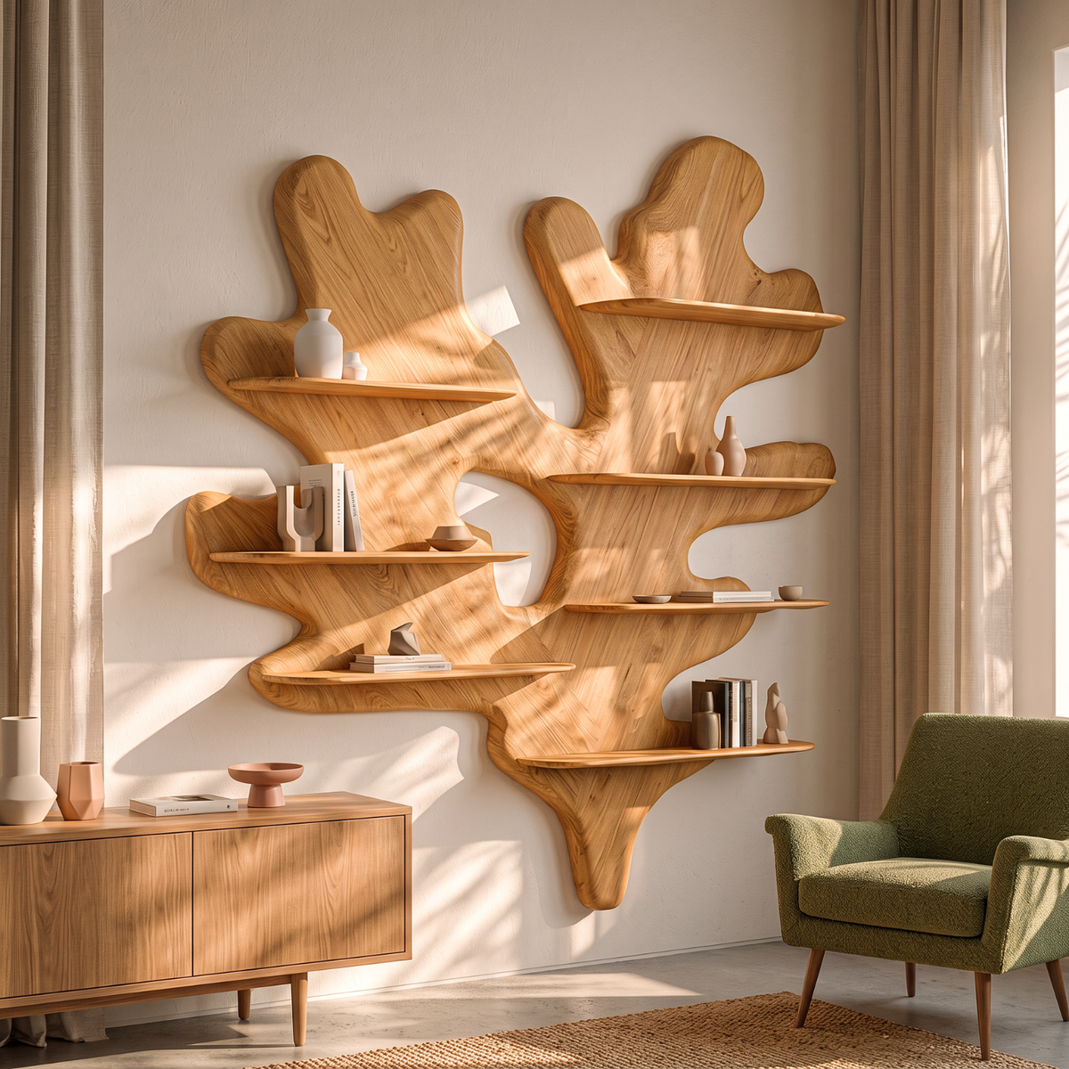 Sculptural Solid Wood Wall Shelf with Organic Leaf Inspired Design