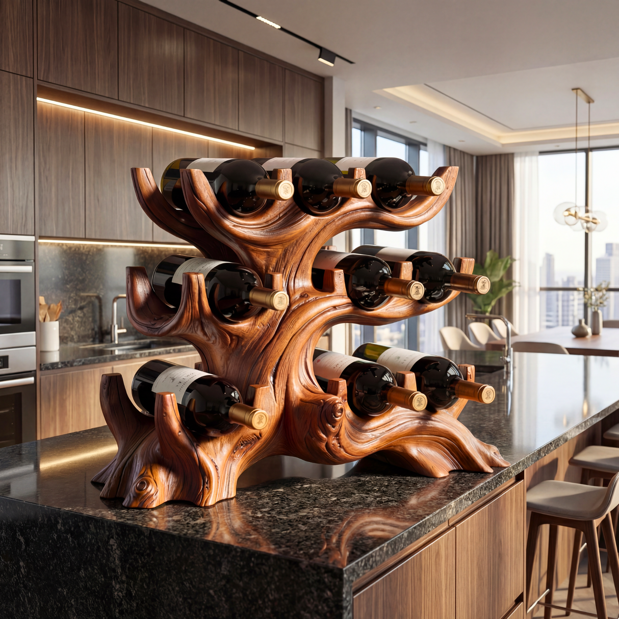 Organic Sculptural Solid Wood Wine Rack Tree Form Multi Tier Bottle Holder