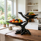 Solid Wood Two-Level Fruit Bowl Centerpiece with Organic Branch Sculpture Base