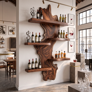 Wall Mounted Wine Rack Solid Wood with Sculptural Live Edge Center and Display Shelves