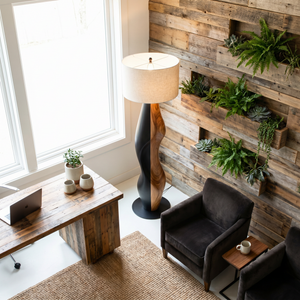 Sculptural Wood Floor Lamp with Organic Two-Tone Base and Fabric Drum Shade