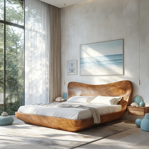 Sculptural Wood Bed with Curved Organic Headboard