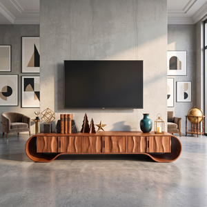 TV Stand with Sculptural Oval Frame and Natural Grain Cabinet Doors