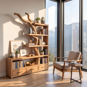 Solid Wood Bookshelf with Tree Trunk Form and Storage Drawers Organic Modern Display Shelf Unit