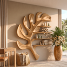 Tropical Leaf Solid Wood Wall Shelf with Sculptural Floating Display Shelves