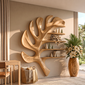 Tropical Leaf Solid Wood Wall Shelf with Sculptural Floating Display Shelves