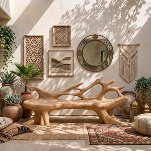 Sculptural Outdoor Solid Wood Bench with Flowing Branch Backrest