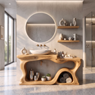 Bathroom Vanity Solid Wood with Sculptural Wave Frame and Open Storage