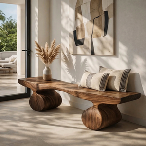 Organic Wood Bench with Sculptural Rounded Pedestal Base for Modern Interiors