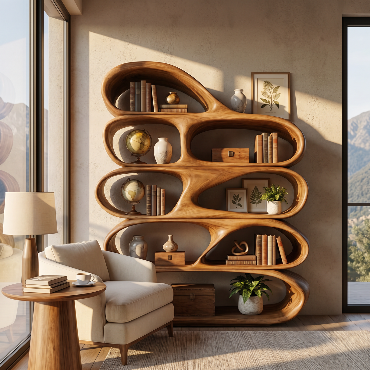 Organic Wooden Bookshelf Handmade Sculptural Solid Wood Modern Display Shelf