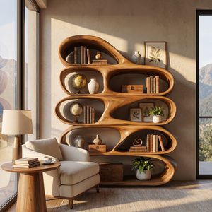 Organic Wooden Bookshelf Handmade Sculptural Solid Wood Modern Display Shelf
